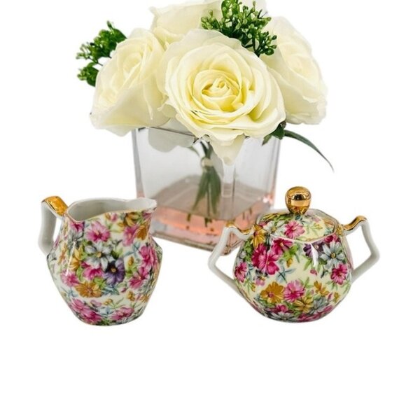 Vintage Nippon Yoko Boeki Cream And Sugar Dish Set Servers Pink Floral JAPAN - Picture 6 of 14